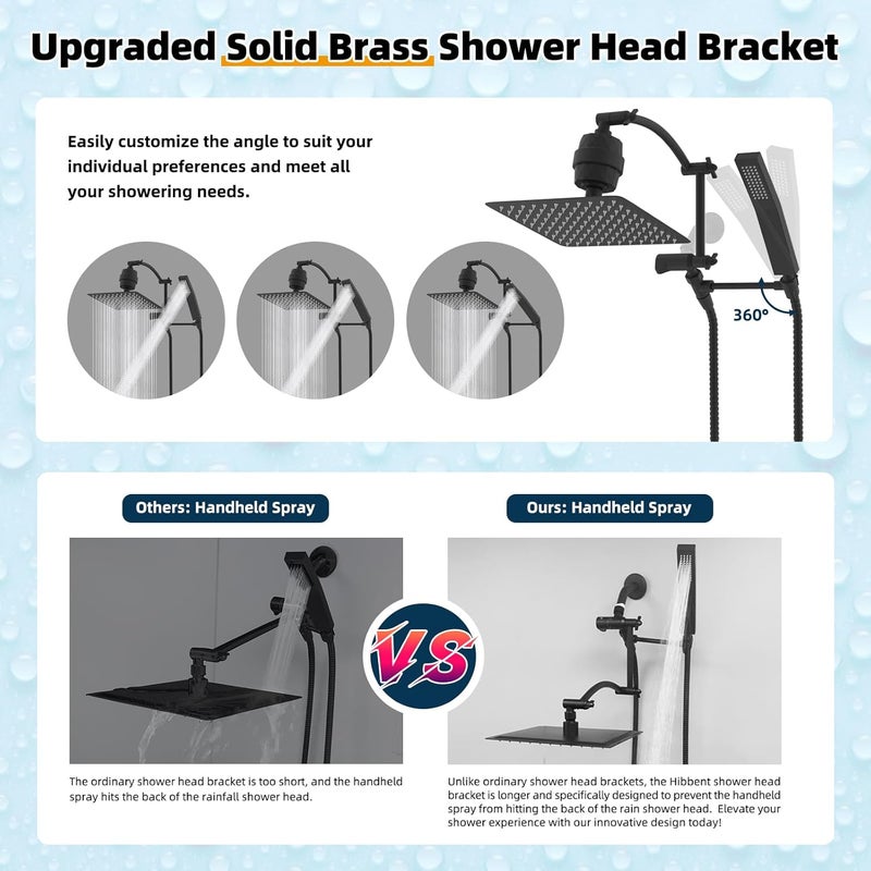 Hibbent All Metal 10'' Filtered Rainfall Shower Head with Handheld Combo, High Pressure Shower Wand, 16'' Adjustable Extension Arm, 20 Stage Shower Filter, 71'' Hose, Shower Holder, Matte Black - Image 2
